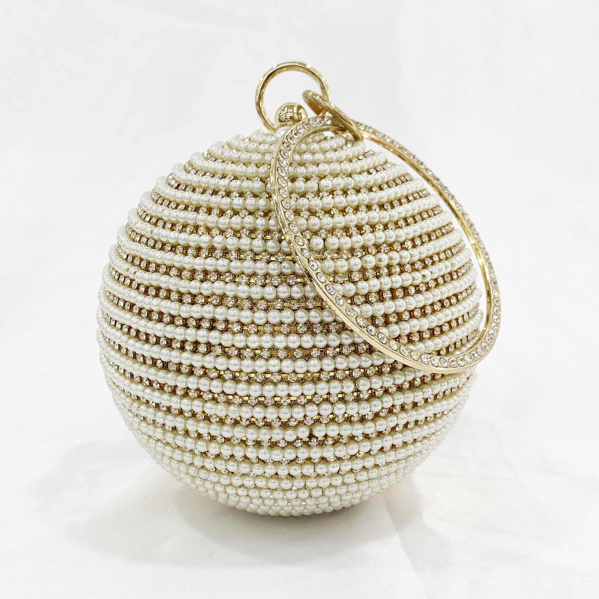 欧美晚宴包女士珍珠手提宴会晚装包金色带钻圆球包现货clutch bag