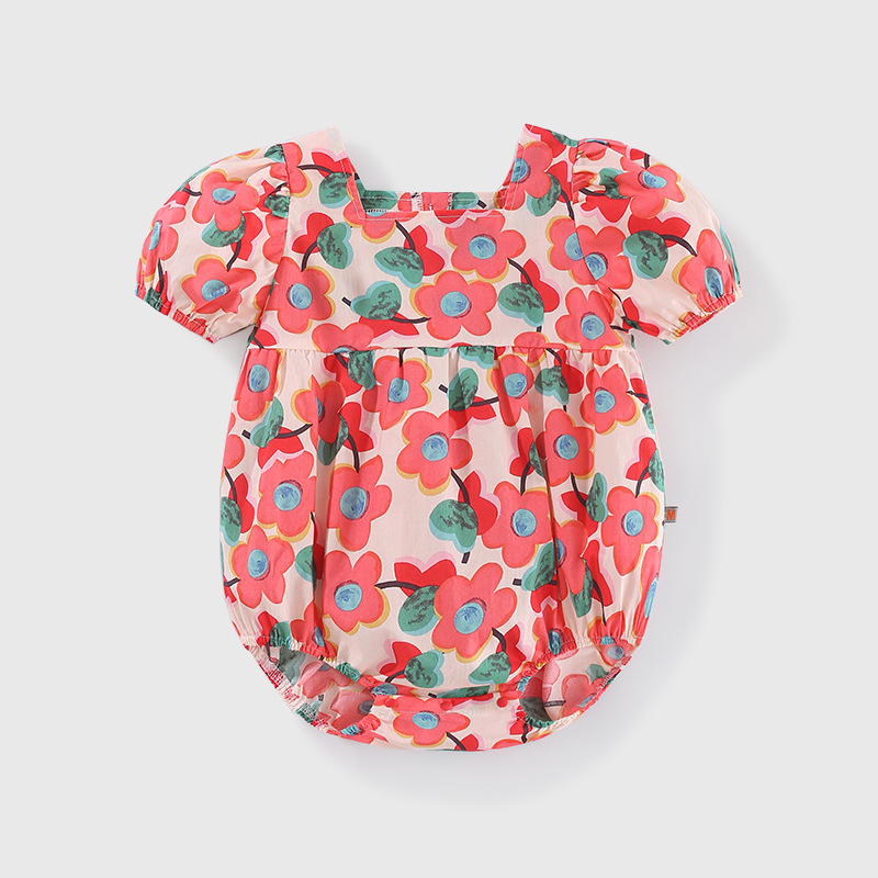 婴儿服装22夏季新品满印小花女宝宝衣服棉质短袖包屁衣婴儿连体衣