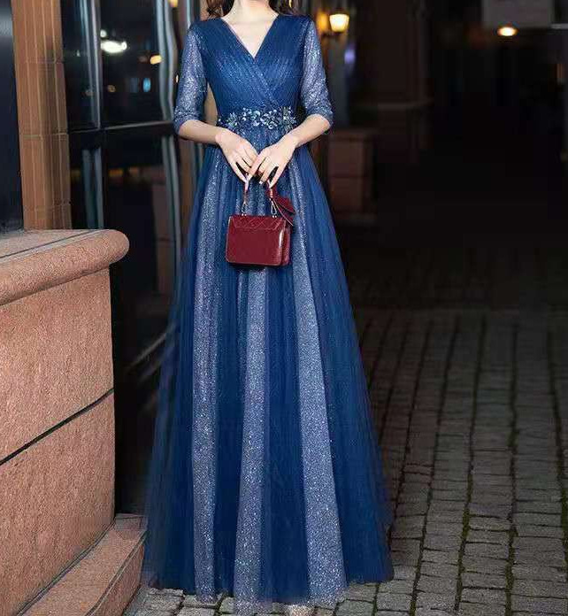 蓝色晚礼服女轻奢小众高端长款宴会气质朗诵合唱团演出服主持人裙