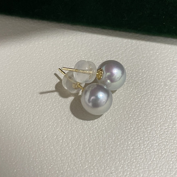 18k金日本海水灰色akoya真多麻珍珠耳钉7-7.5mm小灯泡正圆无暇