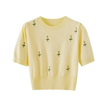 镂空绣花针织短袖女夏季新款修身冰丝T恤时尚收腰显瘦黄色短上衣