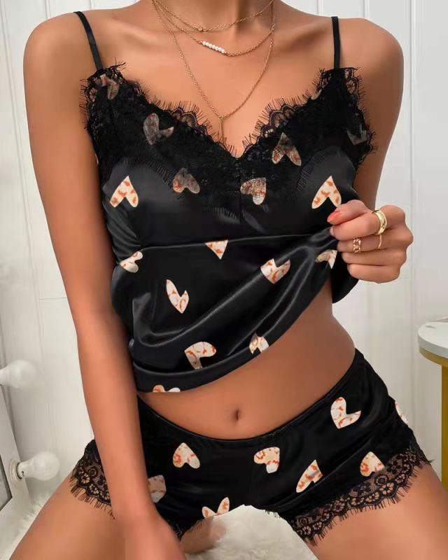 European and American Style Women Sexy Pajamas Satin Sexy Lingerie Printed Deep V Lace Suspender Skirt Shorts Home Wear Suit