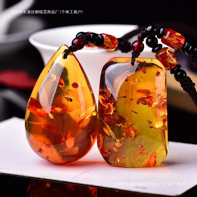 直播琥珀红花烟丝血蓝珀吊坠项链毛衣链 蜜蜡吊坠男女通用款原石