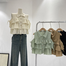 韩系小众露肩短袖衬衣小衫女2024年夏季新款甜美减龄荷叶边小衬衫