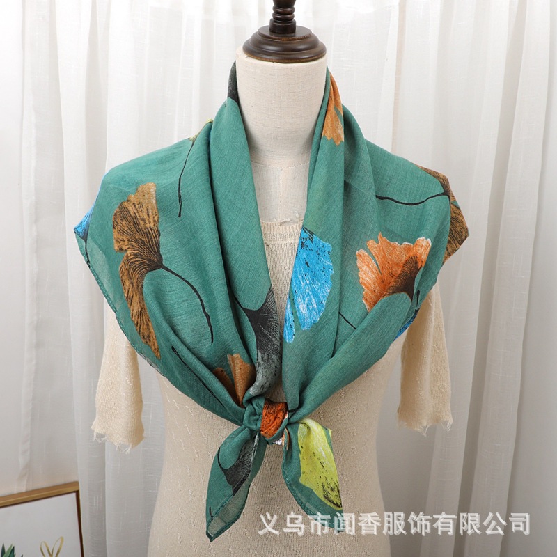 90 Large Kerchief Women's Vintage Ethnic Style Scarf Ginkgo Leaf Printed Silk Scarf Sun Protection Keeping Warm Headscarf Cervical Support Scarf