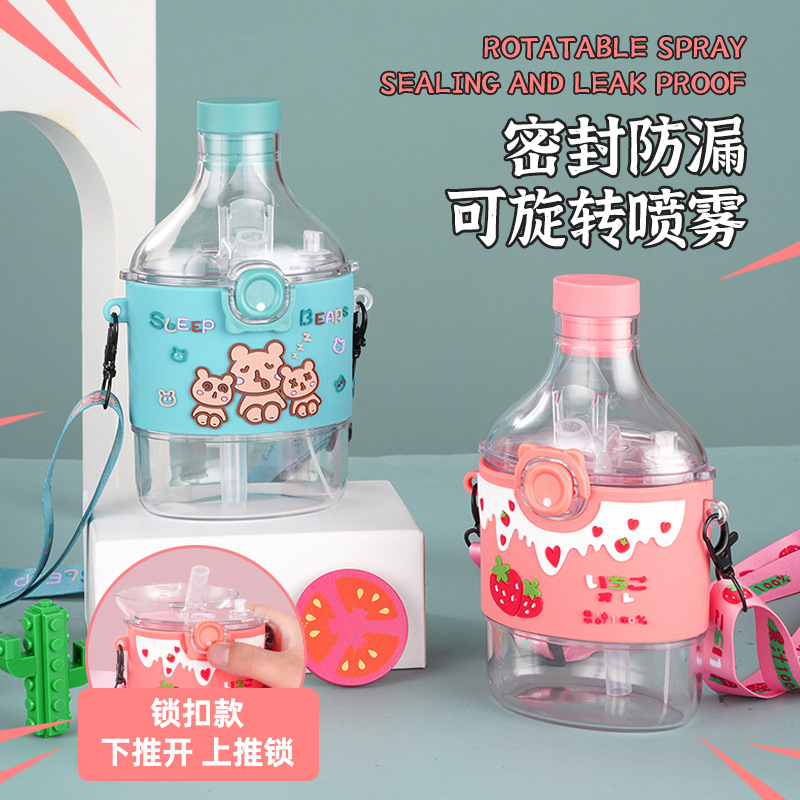 Trending Cartoon Cup with Straw Primary School Student Bounce Cover Water Bottle Children Portable Strap Spray Cup Plastic Water Cup Wholesale