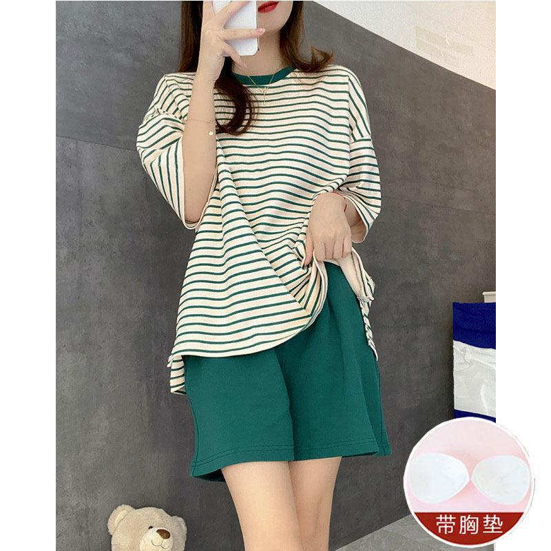 Extra Large Size with Chest Pad One-Piece Pajamas Women's Summer Loose Striped Student Casual Summer Home Wear Suit