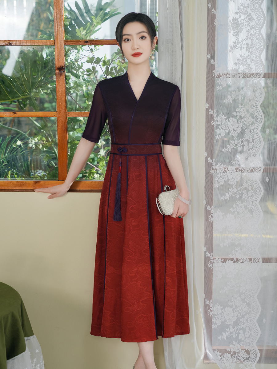 低领改良旗袍2023年夏新品中式奥戴连衣裙妈妈 素雅显瘦日常可穿