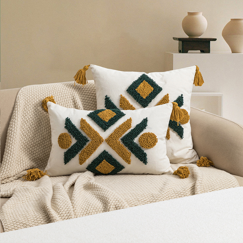 2023 New Bohemian Cotton Canvas Pillow Cover Moroccan Geometric Loop Velvet Tassel Living Room Sofa Cushion Cover