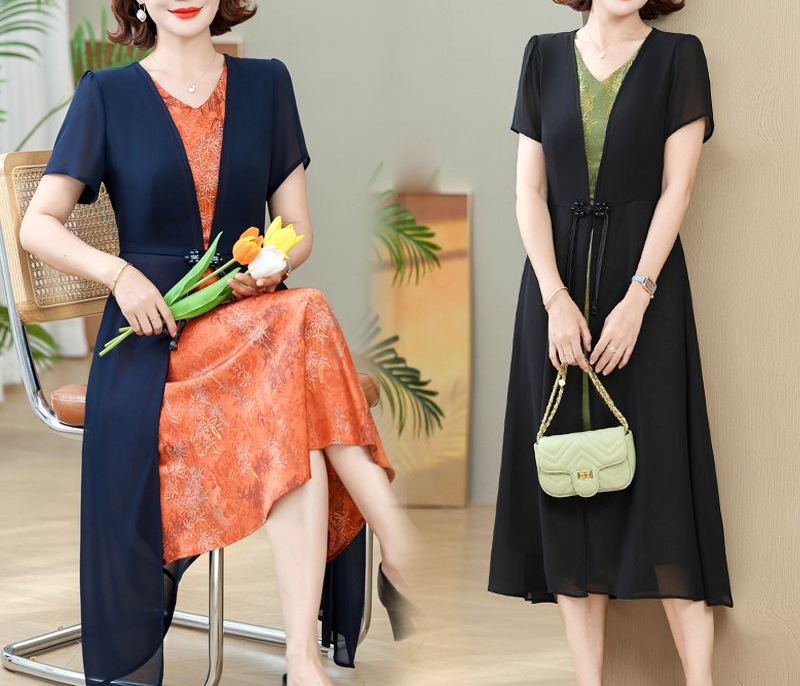 h姝时尚中年妈妈装连衣裙短袖夏季假两件气质显瘦中老年女装收腰