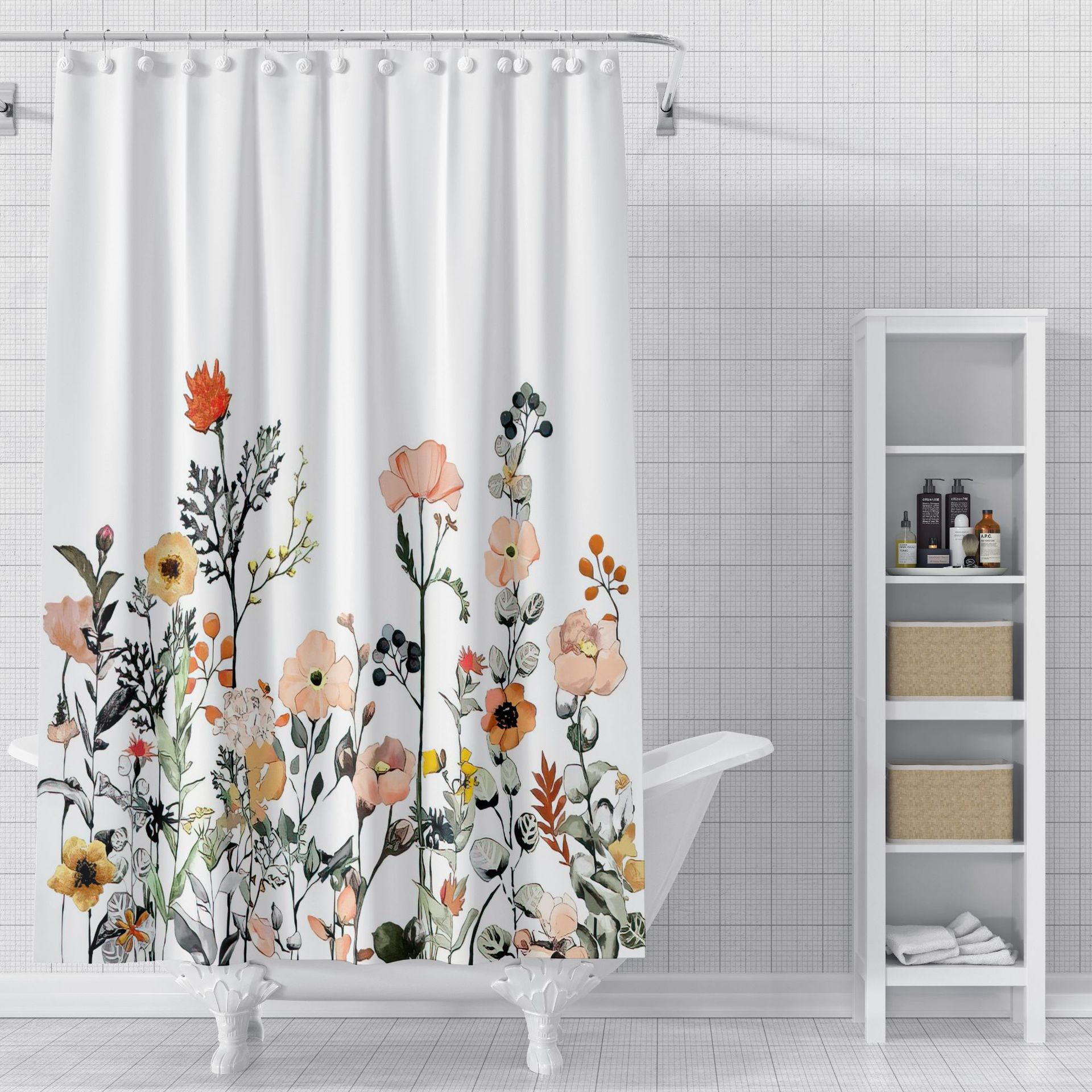 Cross-Border New Arrival Factory Wholesale Simple Flower Shower Curtain 3d Printing Punch-Free Shower Curtain Bathroom Curtain