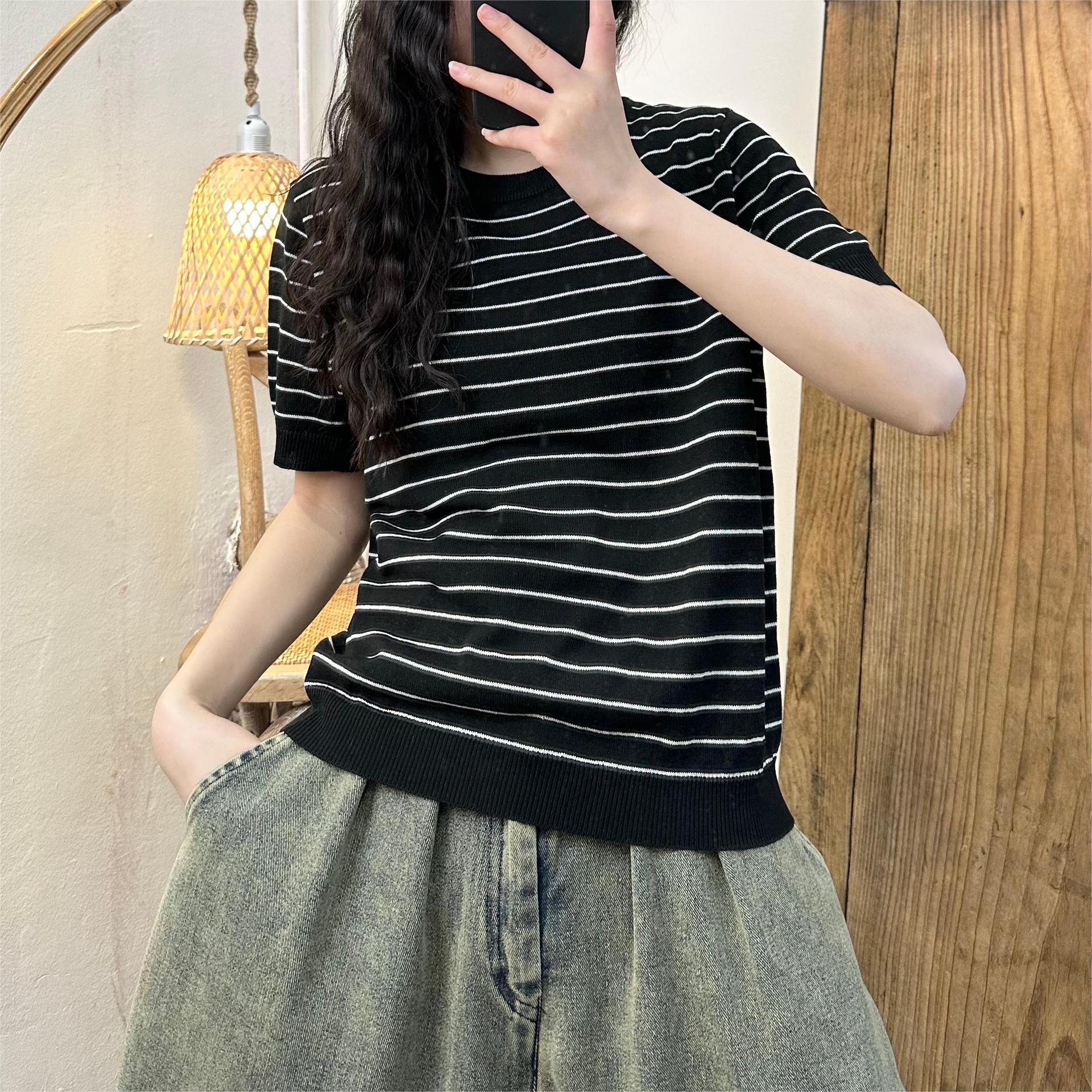 天丝亚麻针织衫 2024夏季新款 简约复古风宽松百搭条纹短袖上衣女