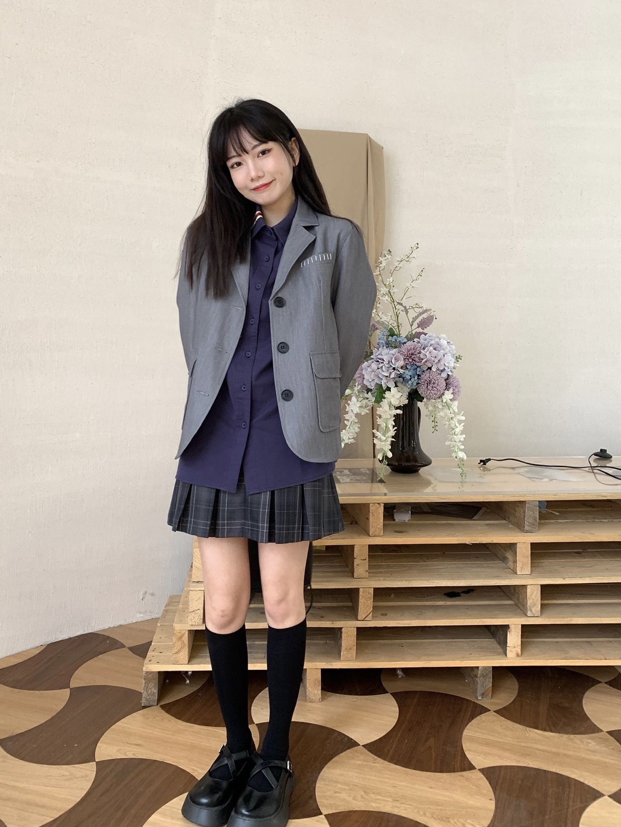 一沫制衣/高腰显瘦黑色黑色格纹百褶裙jk短裙辣妹半身裙q5434