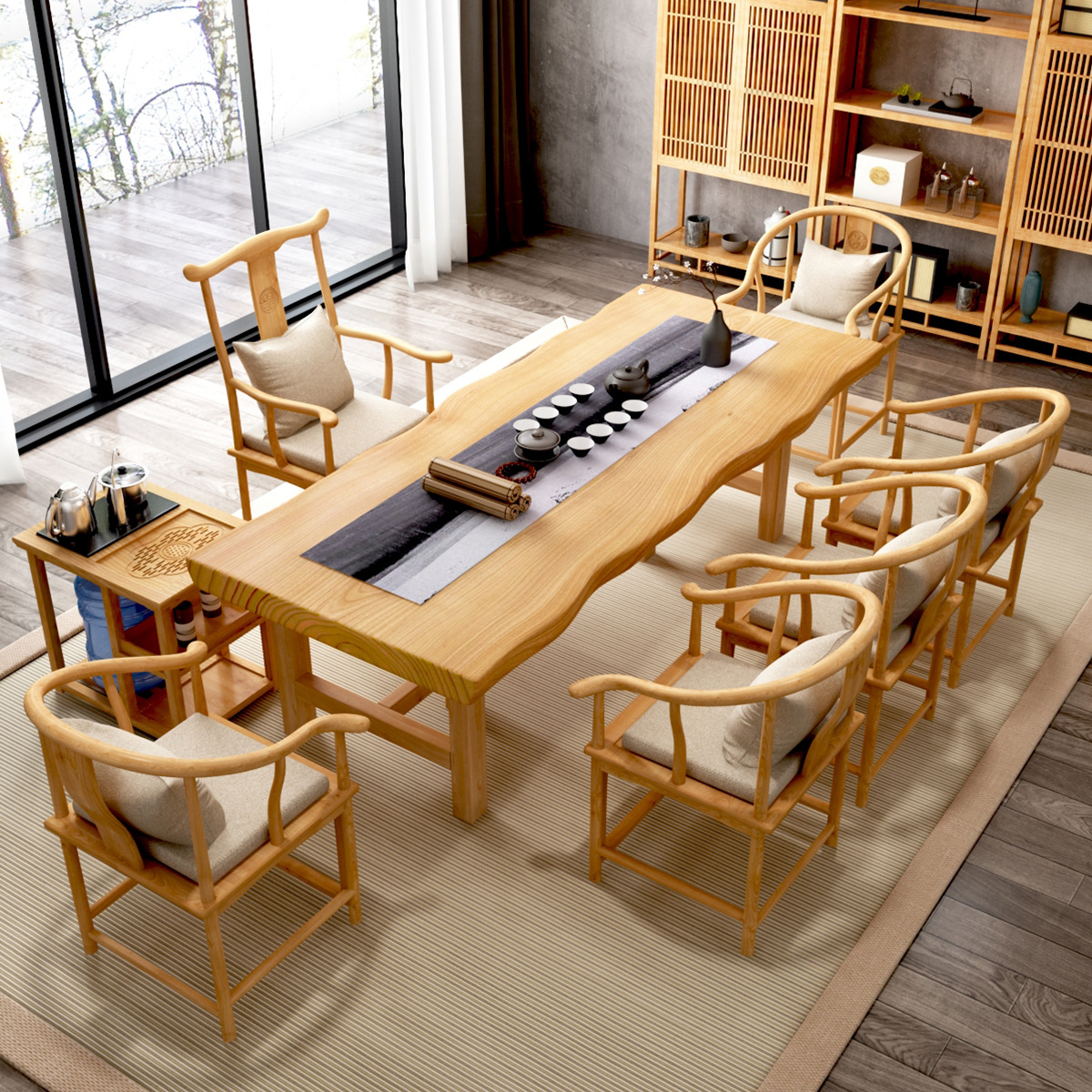 新中式实木茶桌茶室酒楼洽谈大板泡茶桌小户型客厅会客茶桌椅组合