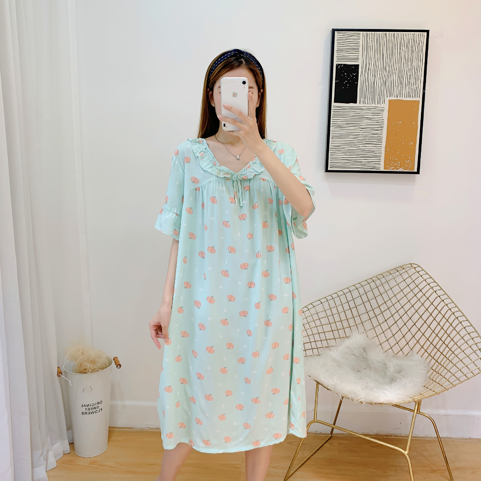 Artificial Cotton Nightdress Summer New Ladies' Homewear Foreign Trade Large Size Pregnant Women Can Wear outside Small Fresh Thin Dress