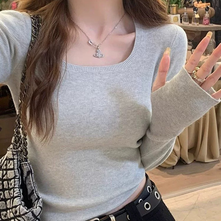 方领打底衫女2025春秋新款上衣感灰色毛衣修身针织衫内搭秋冬