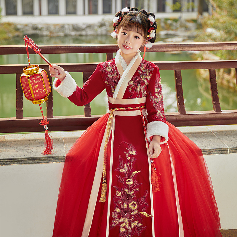 Girls' Han Chinese Costume Red New Year New Year Clothes Thickened Children's Tang Costume Chinese Style Jacket and Dress Little Girl Ancient Style Han Chinese Clothing Skirt