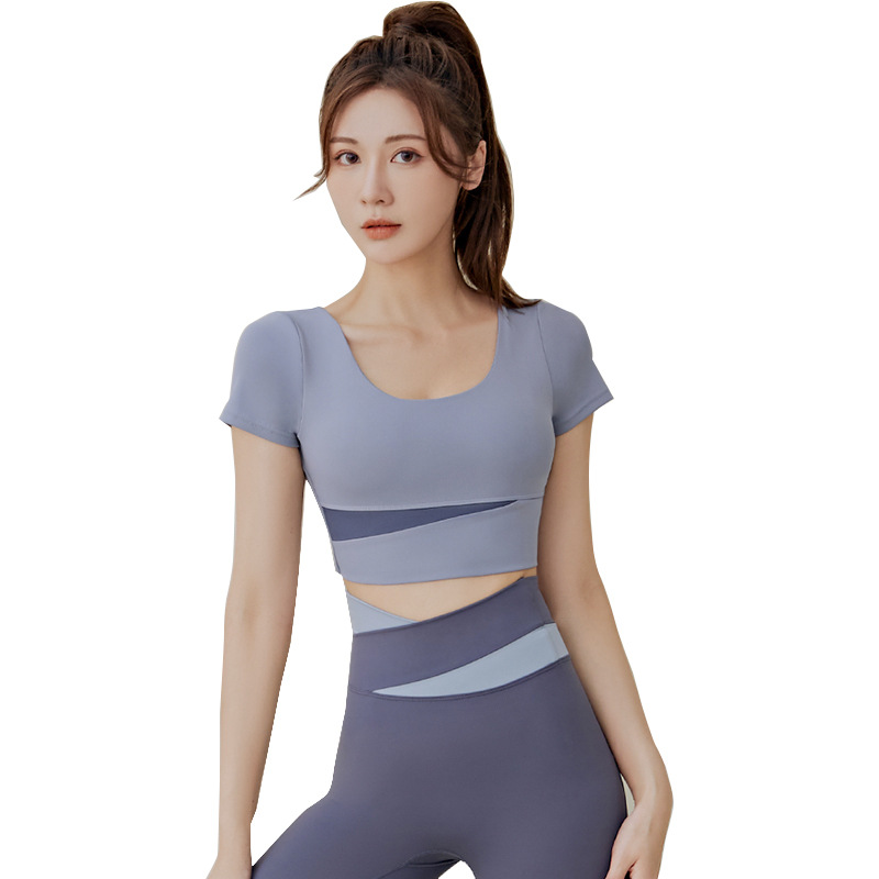 Juyitang Color Matching Short Yoga Clothes Sports Tight with Chest Pad Quick-Drying Running Fitness Short Sleeve Yoga Jacket Women