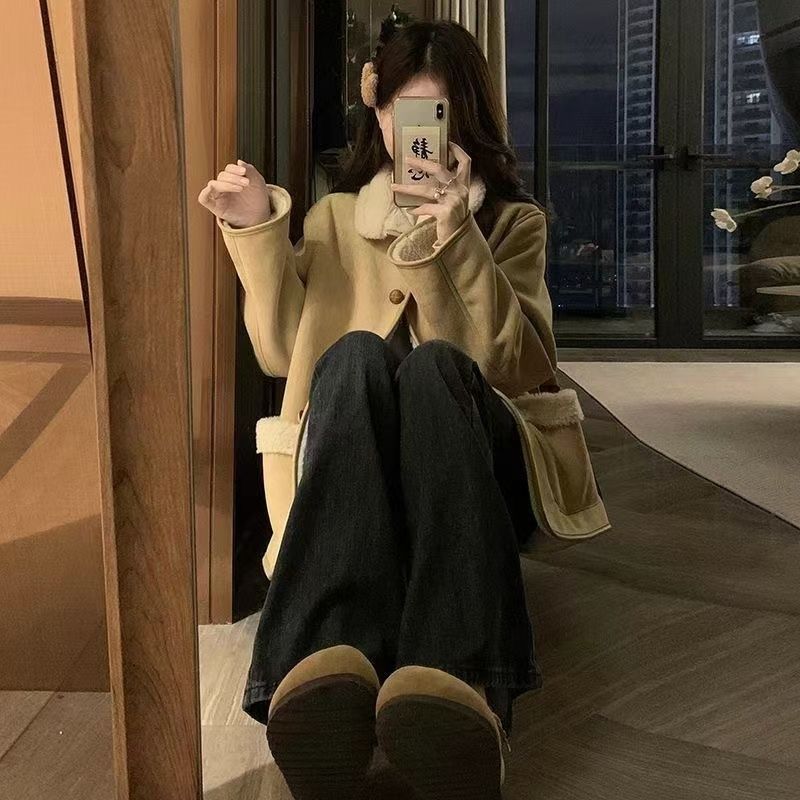 复古鹿皮绒羊羔毛加绒外套女冬季宽松加厚保暖皮毛一体机车棉服潮