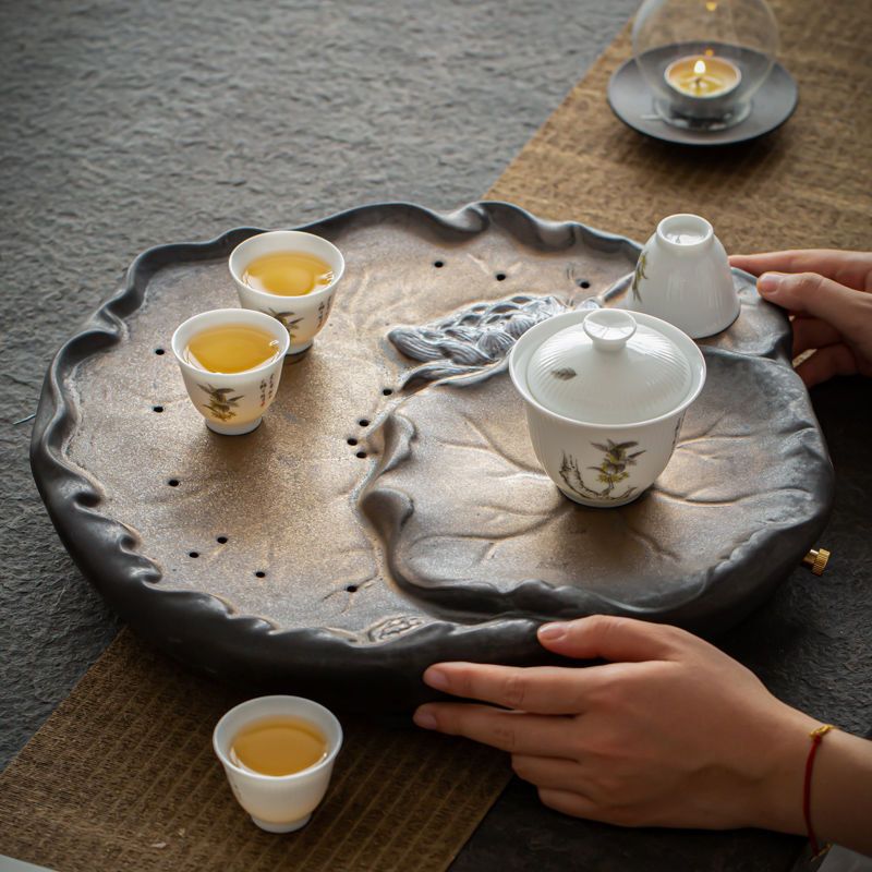 家用窑变莲花功夫茶盘储水式托盘高档圆形沥水盘干泡茶台禅意日式