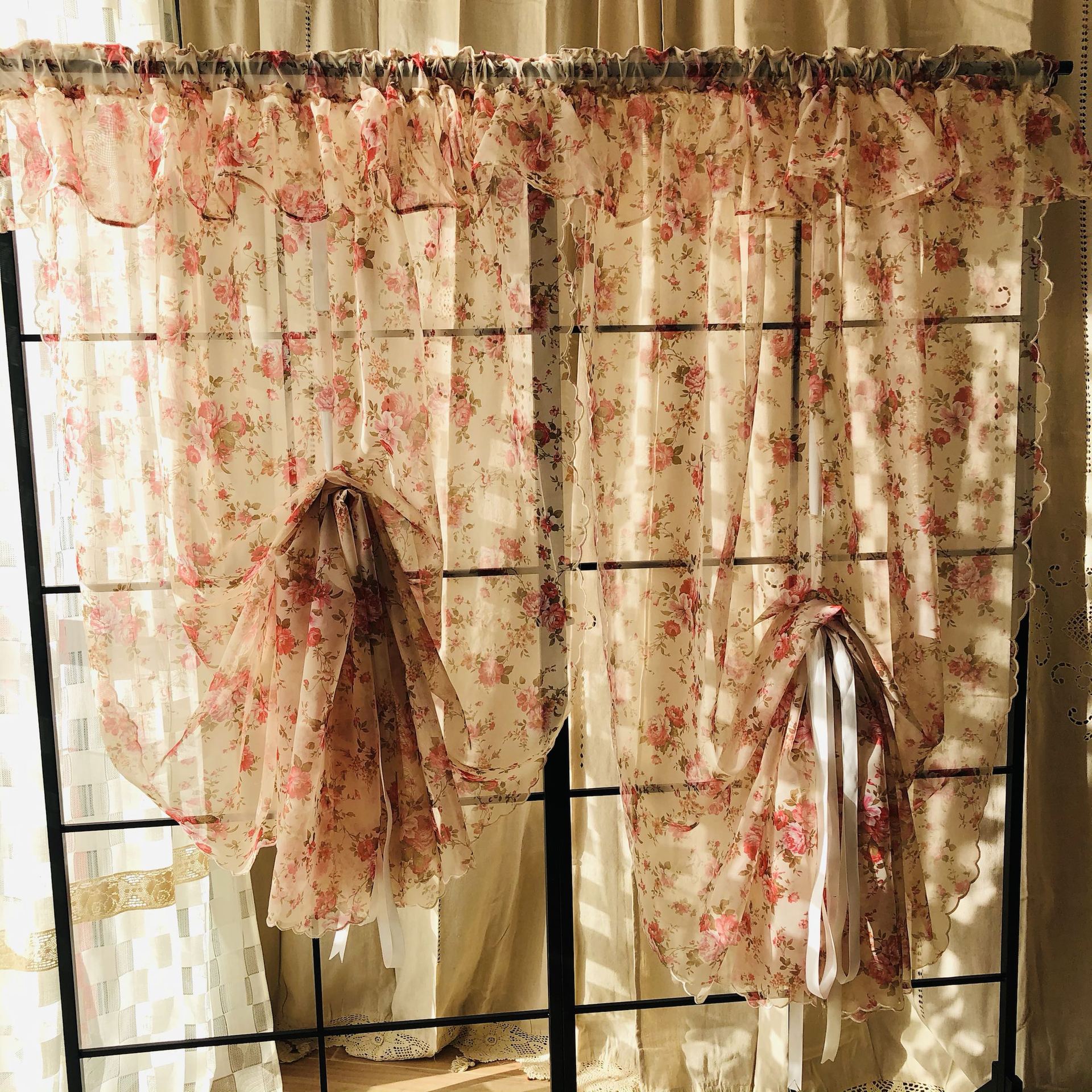 田园乡村风彩花荷叶边帘头丝带抽拉升降扇形半圆窗帘纱帘