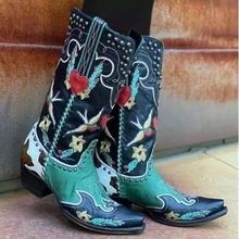 欧美新款女鞋外贸粗跟刺绣铆钉40-43大码短靴女骑士靴拼色女鞋