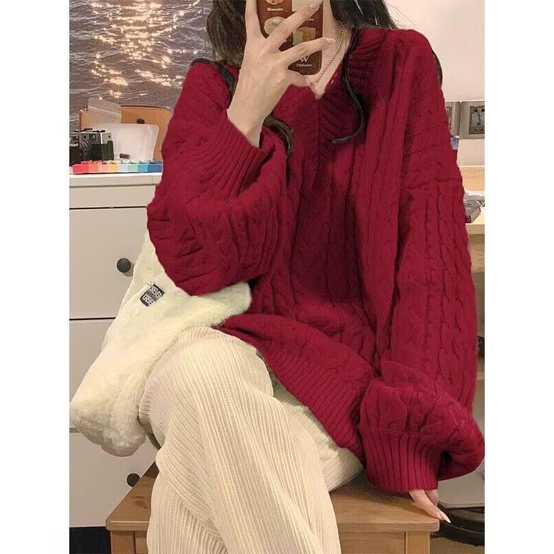 韩系穿搭甜美圣诞V领红色毛衣女秋冬新款慵懒本命年针织外套上衣