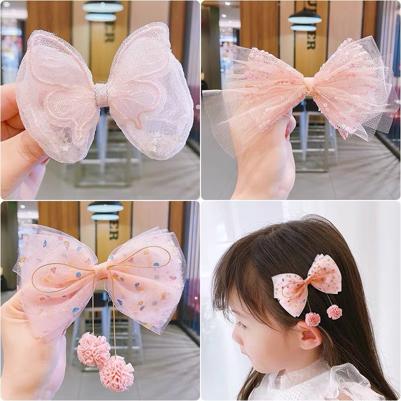 蝴蝶结编发发夹网红小女孩珍珠链条流苏发卡韩国公主绑发飘带发饰