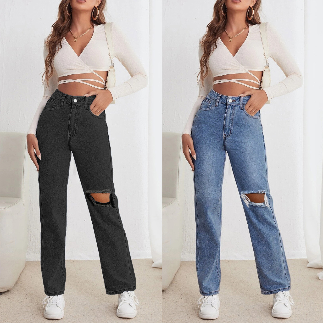   Xk8024# Denim Women's Pants Cross-Border Amazon European and American New Women's Clothes Fashion Ripped Cool Denim Straight-eg Pants