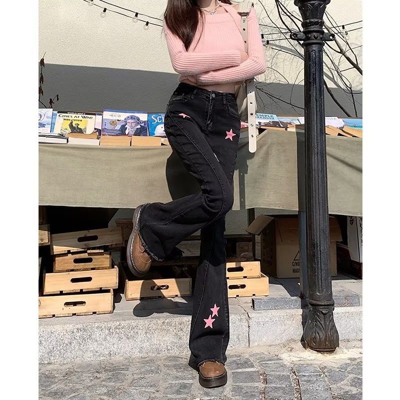 European and American Vibe Style Hot Girl Slightly Flared Jeans Female 2023 Spring and Autumn New Casual Straight-Leg Mop Trousers