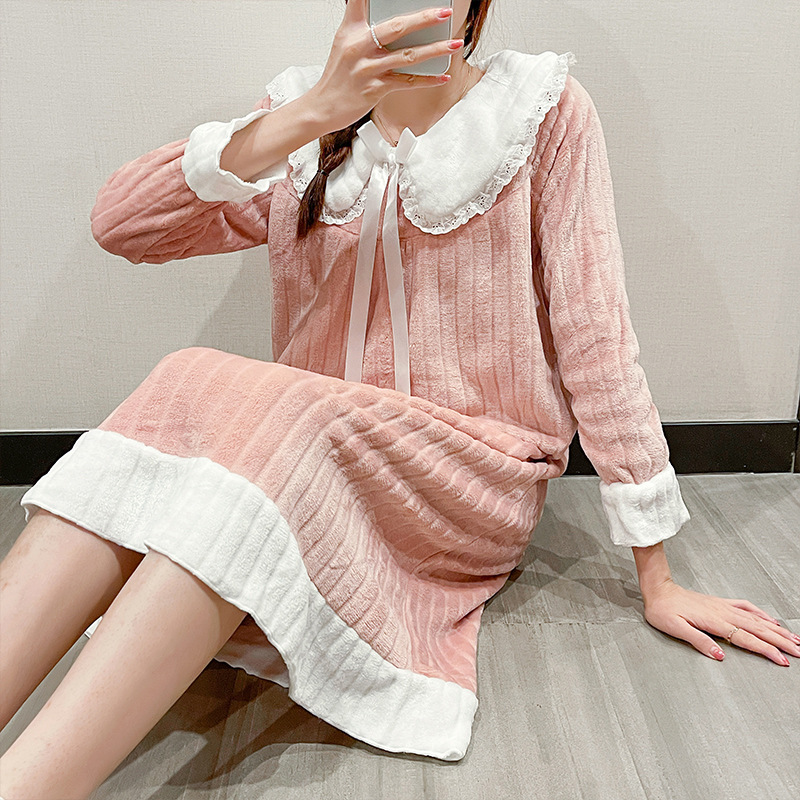 睡衣女秋冬季珊瑚绒2021年新款加厚加绒法兰绒睡裙冬天保暖家居服