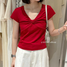 KITTIN 韩标交叉V领扭结设计感短袖T恤女短款上衣夏女装一件代发