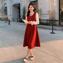 假两件小香风红色连衣裙女2024春季新款设计感时尚气质名媛长裙子