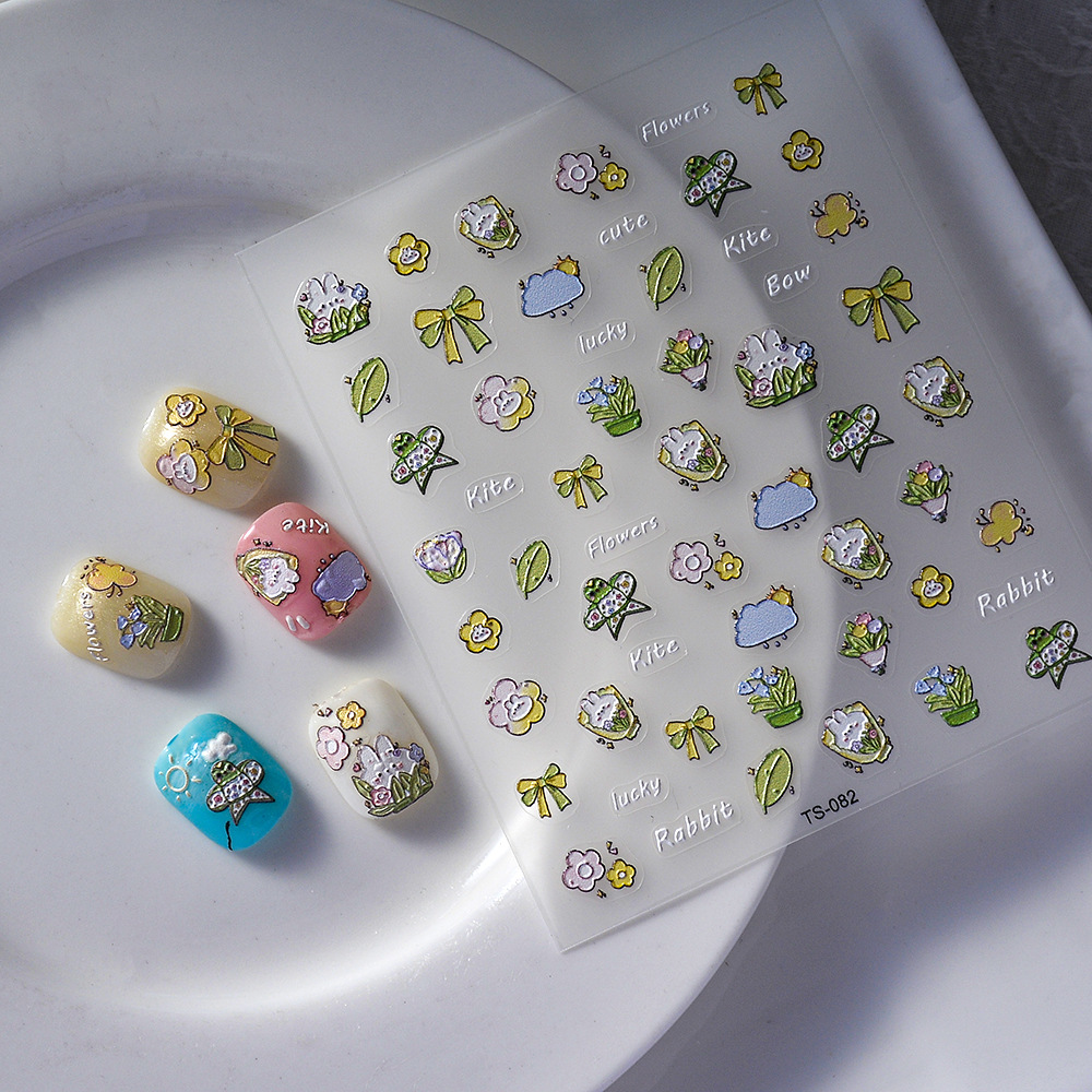 新工艺浮雕5d美甲贴花兔子卡通diy儿童女孩花朵风筝装饰指甲贴纸