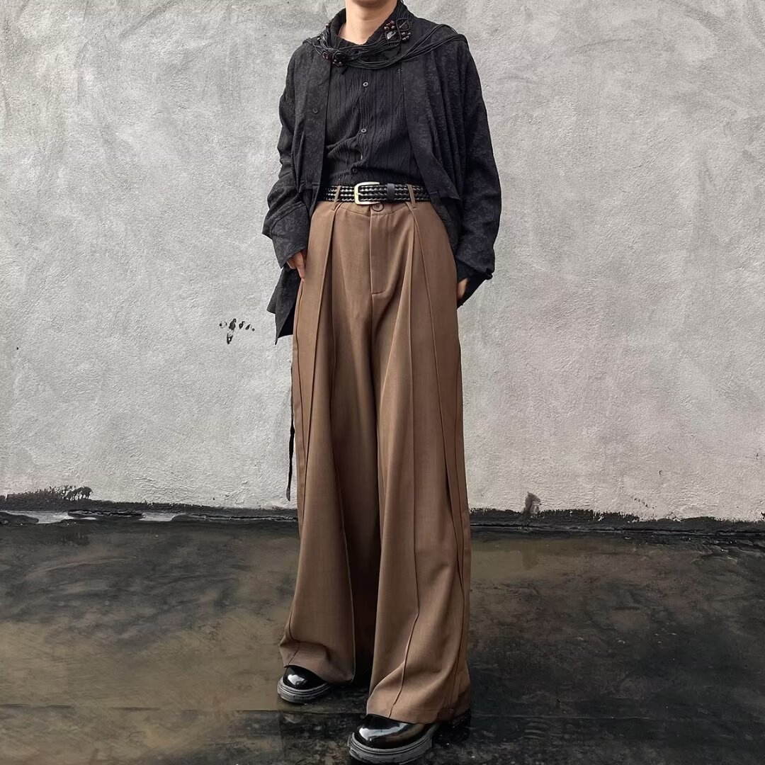 休闲西裤男士秋冬新款复古皮裤褶皱宽松显瘦设计感阔腿拖地裤裤子