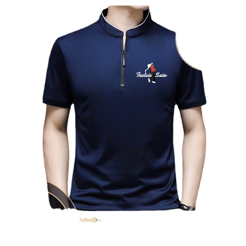 男装男士刺绣polo衫夏季新款中年休闲  拉链立领短袖印白色小人标