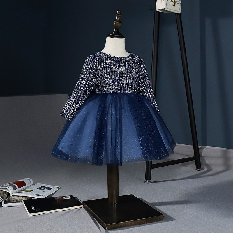 女童周岁礼服小女孩蓝色加厚小香风公主裙儿童主持人走秀演出礼服