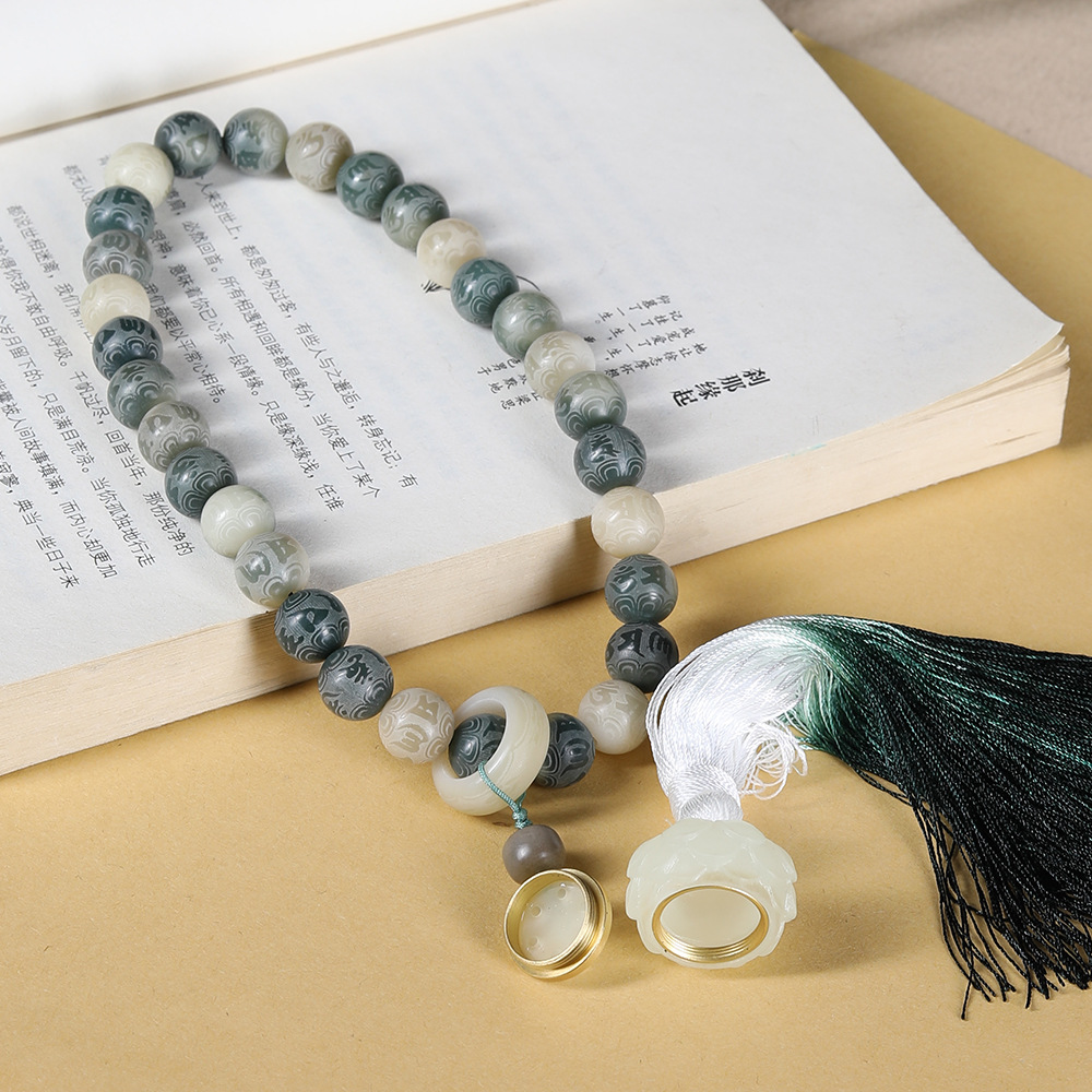 天然老料白玉菩提根雕刻六字真言文玩手持念珠diy莲花香囊车挂件