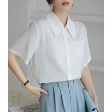 实拍2023新款白色法式复古短袖衬衫设计感尖领休闲职业面试衬衫女