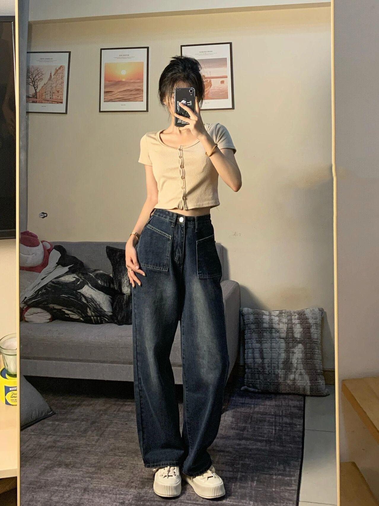 2022 New Retro Jeans Women's Summer Design Sense Niche Straight-Leg Pants High Waist Loose and Slimming Wide-Leg Pants