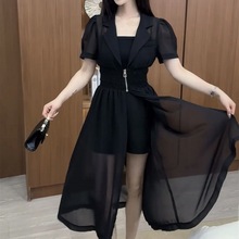 时尚气质短袖黑色夏季连衣裙新款洋气法式高级感晒罩衫镂空长裙