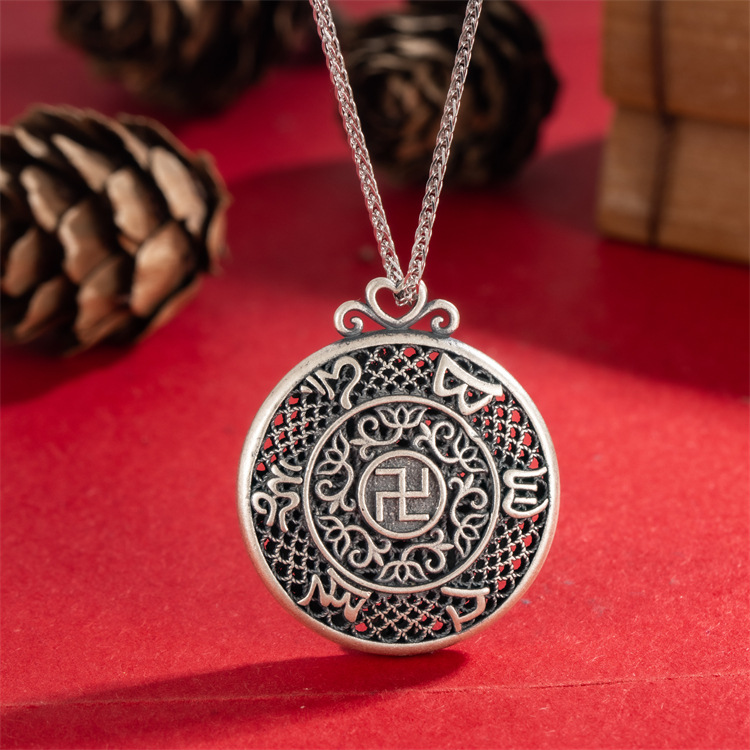 新合成s999足银佛教大明咒吊坠复古镂空花丝六字真言项链泰银挂坠