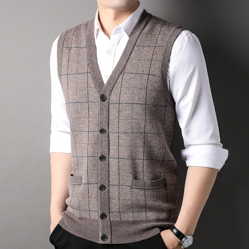 羊毛背心男款保暖商务格子中年男士开衫毛衣春季休闲羊毛衫马甲