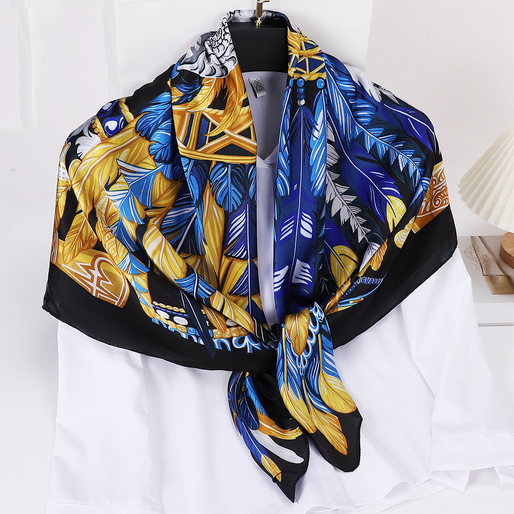 European and American Retro Fashion Square Scarf Artificial Silk 110x110 Scarf Women's Brocade Satin High-End Printed Fashion Scarf