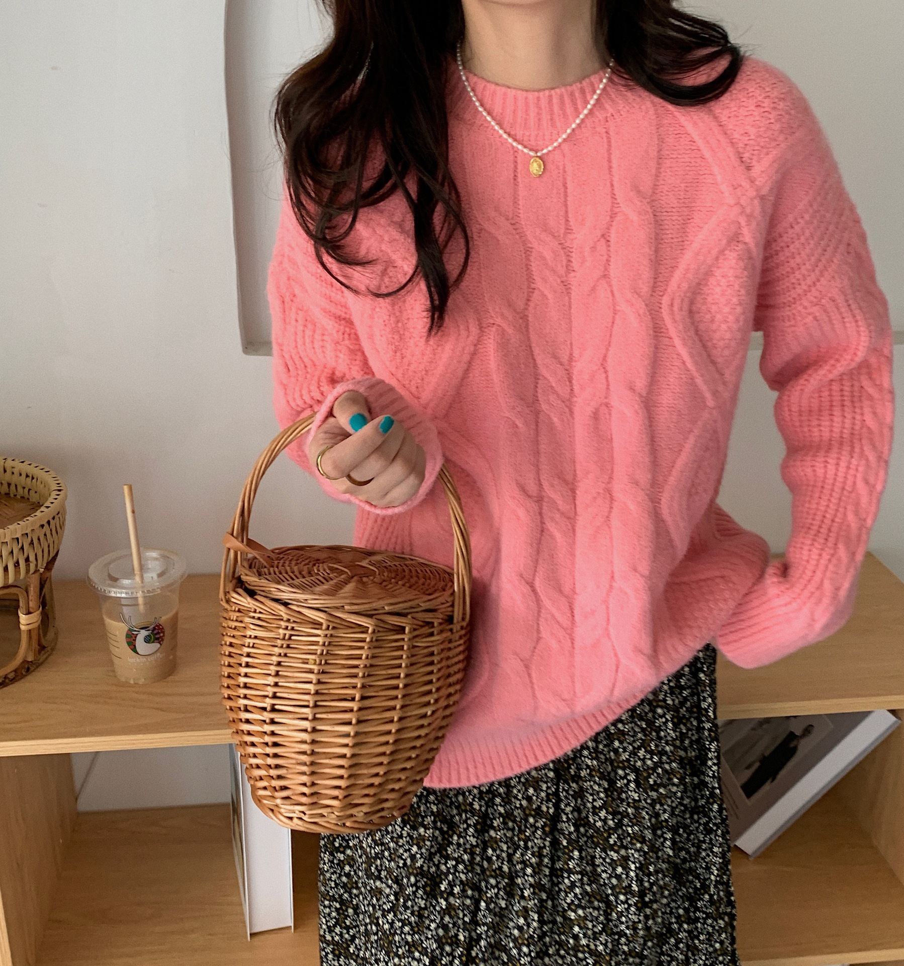 21秋冬新款粉色套头麻花毛衣女学生宽松慵懒风文艺甜美针织衫外穿