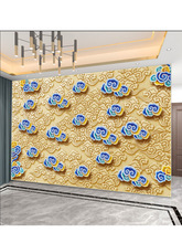 3D中式七彩祥云图案电视背景墙纸浮雕壁纸壁画酒店福字天花板墙布