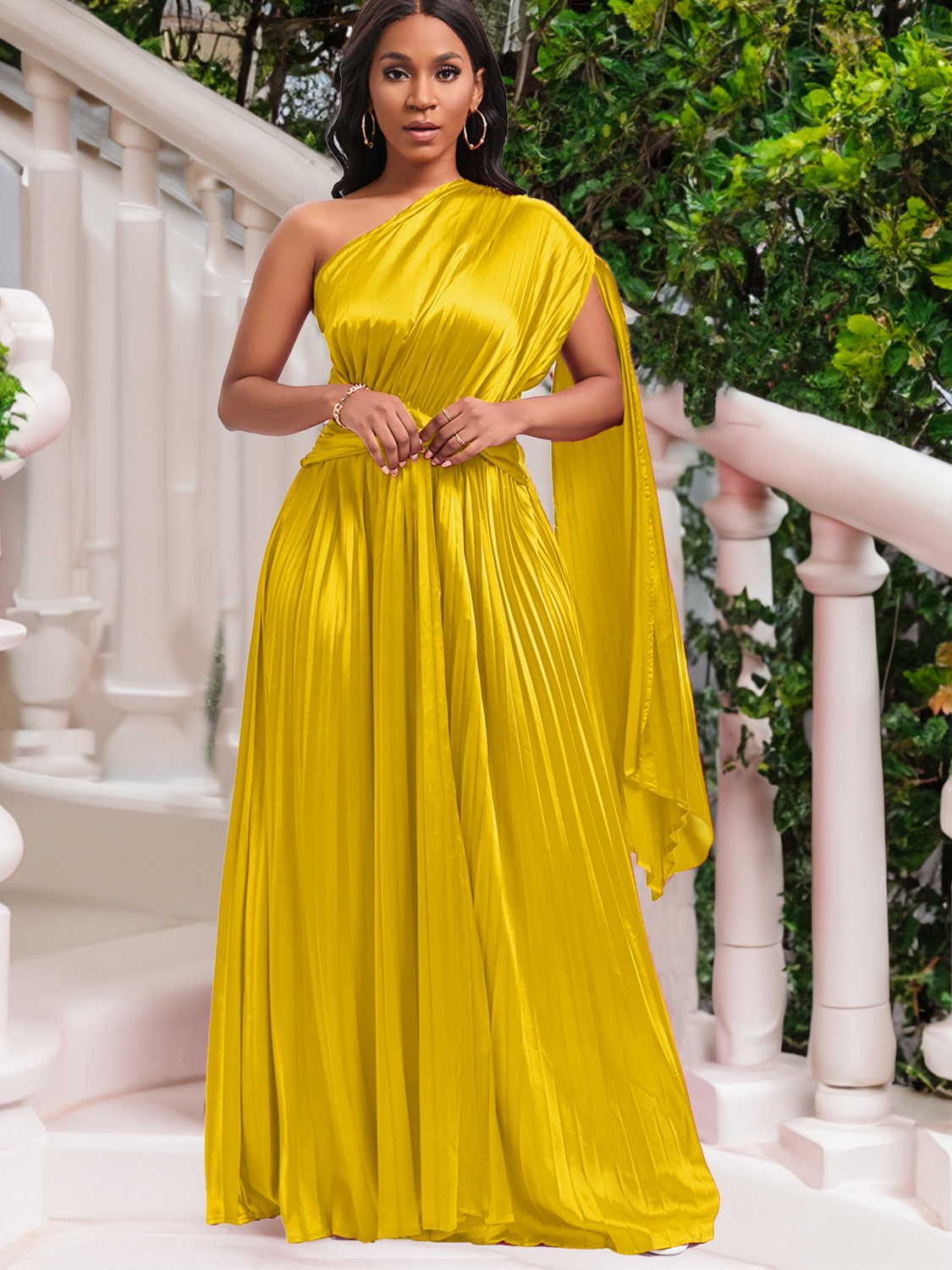 d407独立站外贸女装2023新款单肩压褶长裙斜领收腰礼服欧美连衣裙