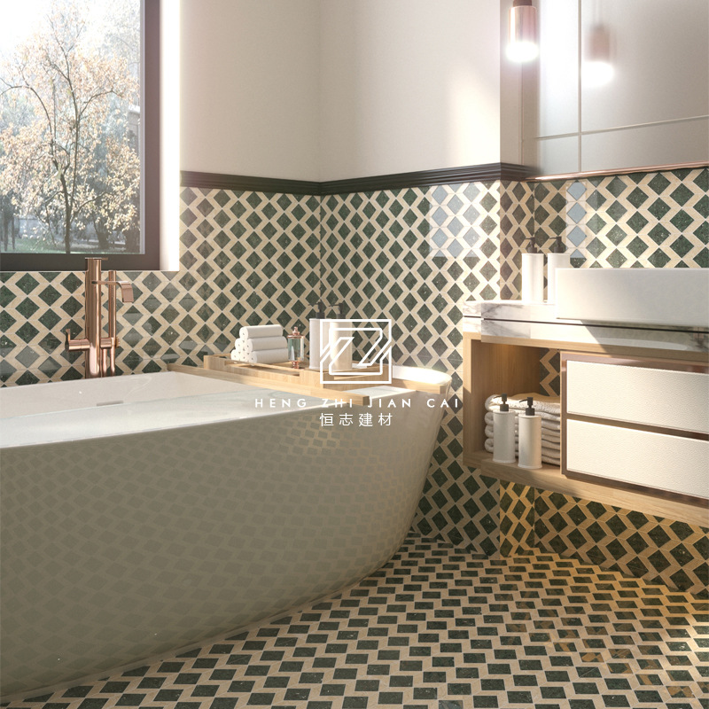 港式老房子民宿墙砖墨绿色拼花仿大理石地砖马赛克卫生间厨房瓷砖
