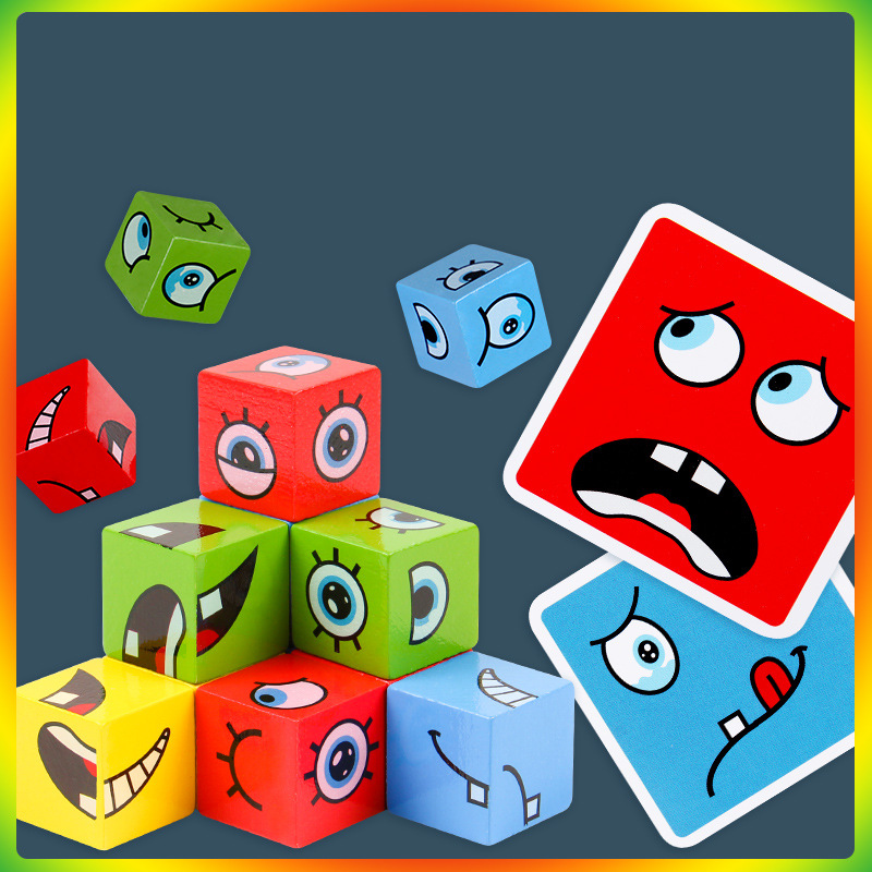 抖音同款热卖变脸魔方六面体积木表情包挑战关卡儿童木制桌游玩具