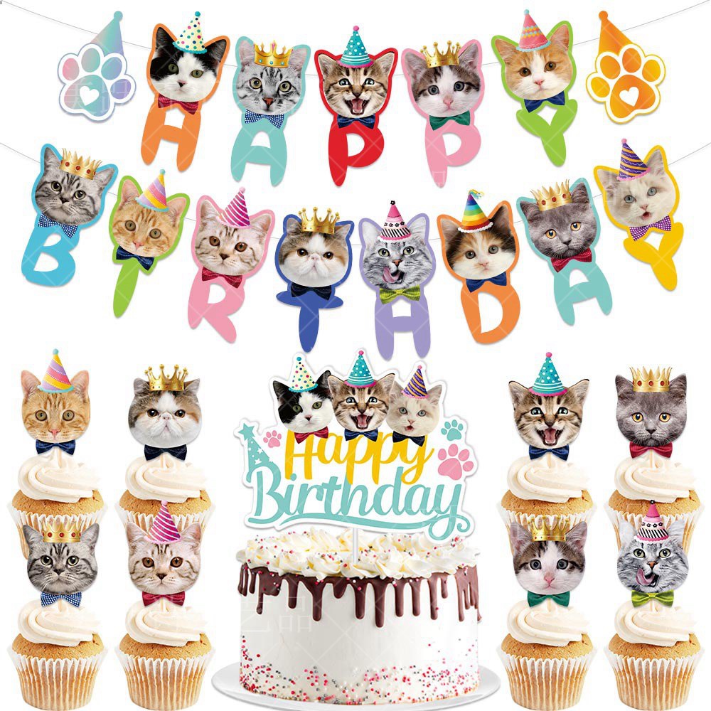 new pet cat theme birthday party decoration supplies cartoon cat birthday pulling banner cake inserting card